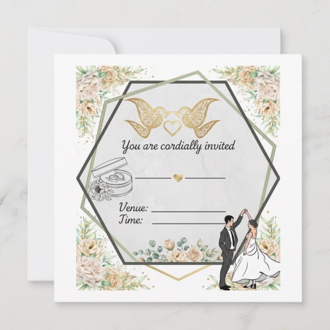 Convite de Casamento Geométrico Floral Elegante (Frente)