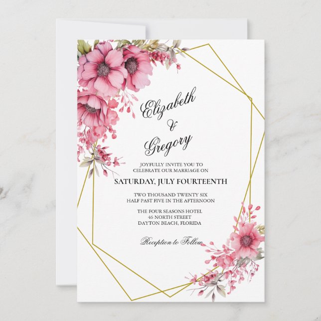 Convite de Casamento Geométrico Floral Rosa (Frente)