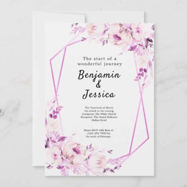 Convite de Casamento Geométrico Floral Rosa e Roxo (Frente)