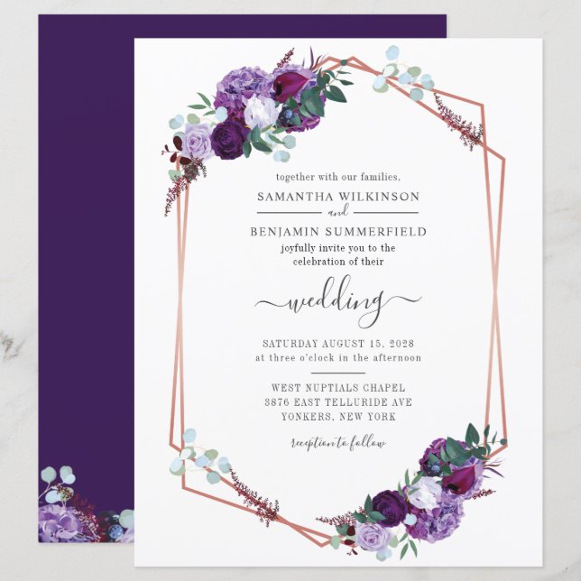 Convite de Casamento Geométrico Floral Roxo Econôm (Frente/Verso)