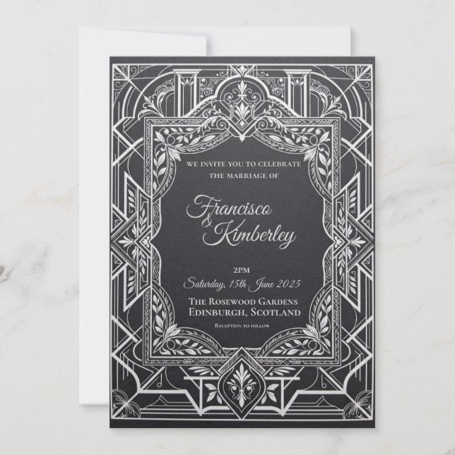 Convite de Casamento Geométrico Preto Art Déco (Frente)