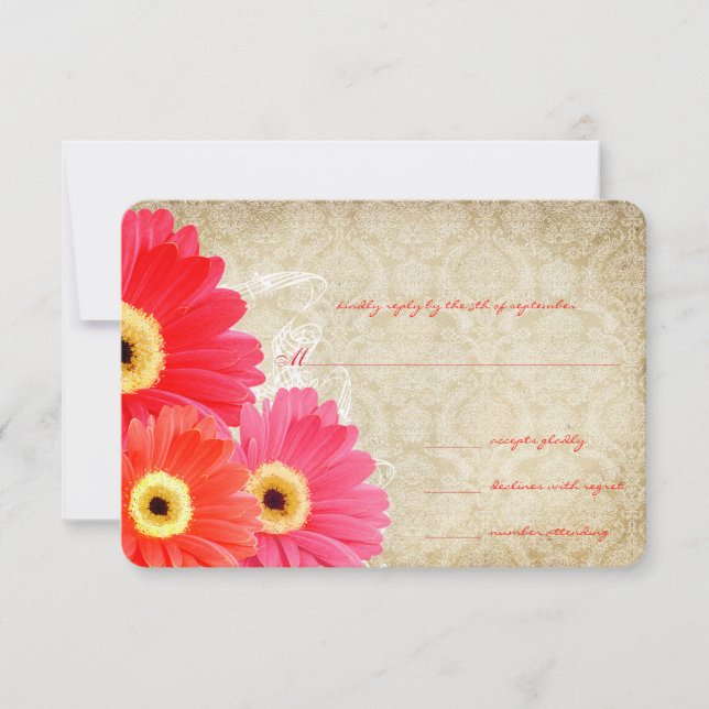Convite de Casamento Gerber Daisy Laranja Coral Ro (Frente)