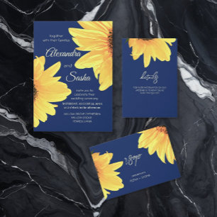 Convite de casamento Girassóis Aquarela azul escur