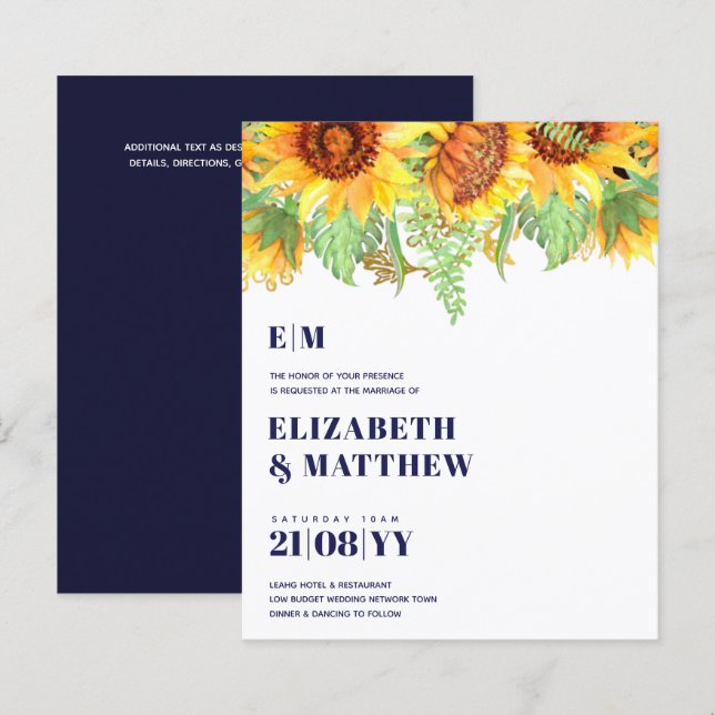 Convite de Casamento Girassóis Azul Marinho Baixo  (Frente/Verso)
