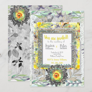 Convite de Casamento Girassol Amarelo Cinza Rústic