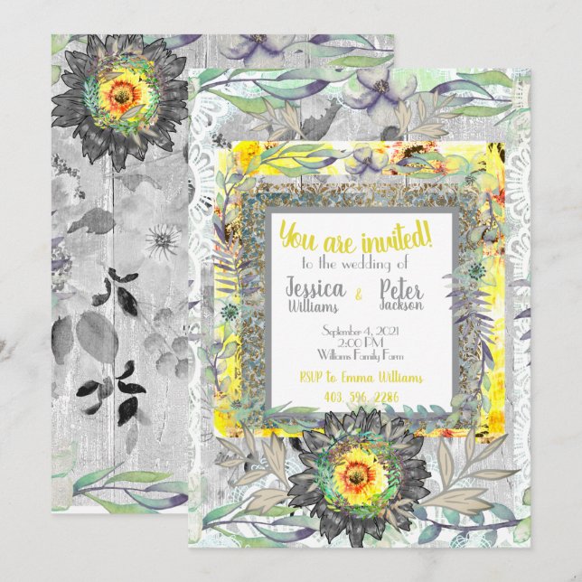 Convite de Casamento Girassol Amarelo Cinza Rústic (Frente/Verso)