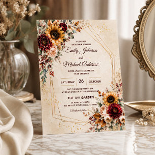 Convite de Casamento Girassol Outono Borgonha