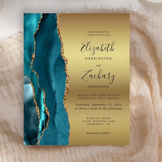 Convite de Casamento Glam Budget Azul Teal Ágata D (Criador carregado)