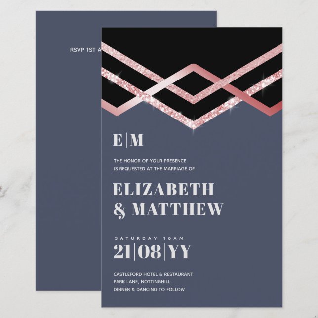 Convite de casamento Glam Glitter Rosegold Black D (Frente/Verso)