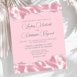 Convite de Casamento Glam Rosa em Seda e Prata