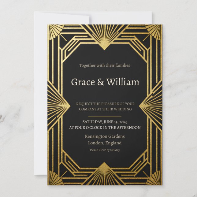 Convite de Casamento Glamouroso Art Deco Preto Dou (Frente)