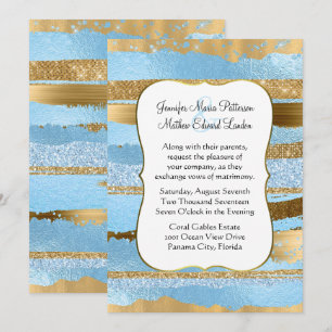 Convite de Casamento Glamouroso Azul e Dourado