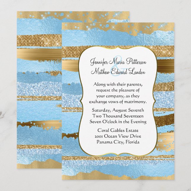 Convite de Casamento Glamouroso Azul e Dourado (Frente/Verso)