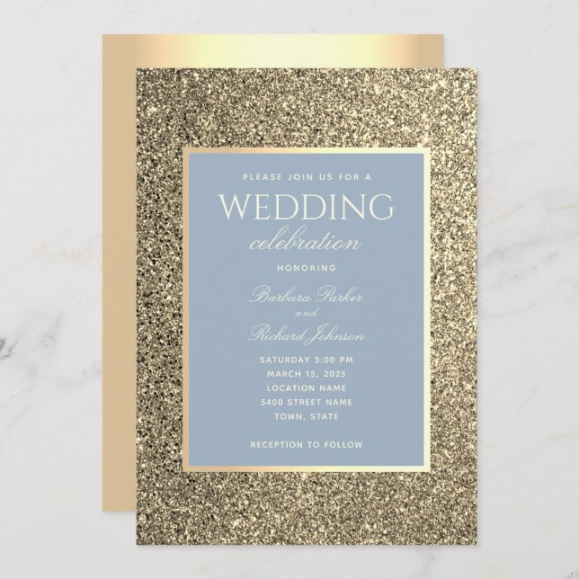 Convite de Casamento Glitter Dourado e Azul Empoei (Frente/Verso)