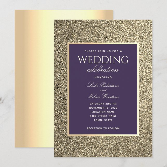 Convite de Casamento Glitter Dourado e Roxo (Frente/Verso)