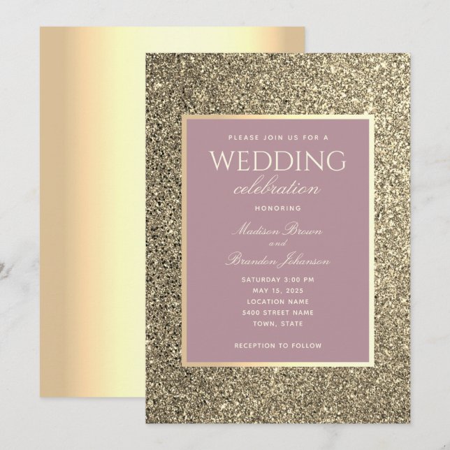 Convite de Casamento Glitter Gold e Dusty Rose (Frente/Verso)
