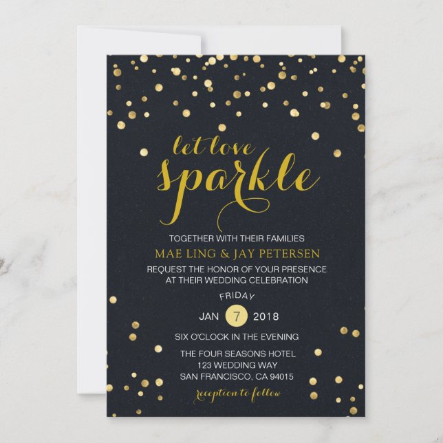 Convite de Casamento Glitter Sparkle Dourado Preto (Frente)