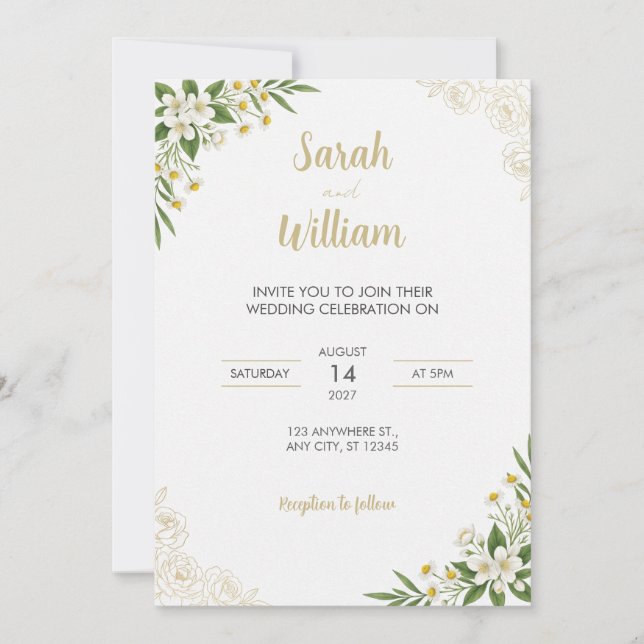 Convite de Casamento Gold Line Art White Jasmine (Frente)