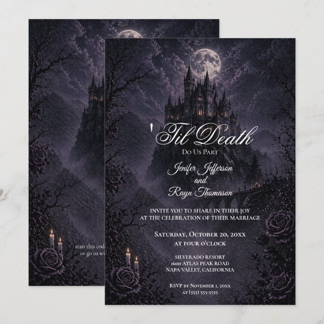 convite de casamento gótico Castelo Assombrado (Frente/Verso)