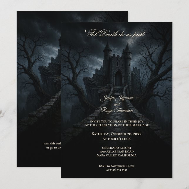 convite de casamento gótico castelo assombrado de  (Frente/Verso)