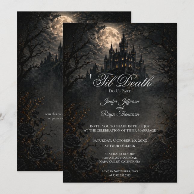 Convite de casamento gótico castelo assombrado vin (Frente/Verso)