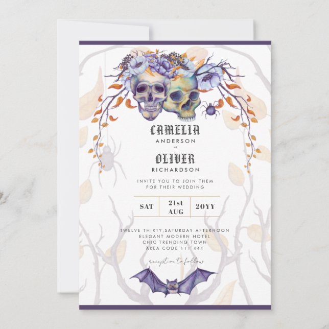 Convite de Casamento Gótico Caveiras Roxo Laranja (Frente)