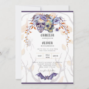 Convite de Casamento Gótico Caveiras Roxo Laranja