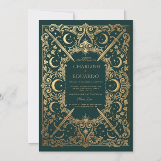 Convite de Casamento Gótico Celestial com Moldura  (Frente)