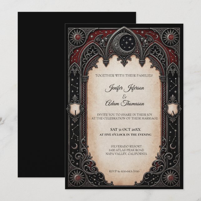 Convite de Casamento Gótico Celestial Vermelho (Frente/Verso)