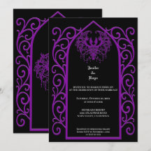 Convite de casamento gótico com borda roxa ornamen
