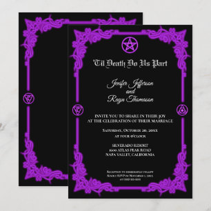 Convite de casamento gótico com brilho roxo bruxo