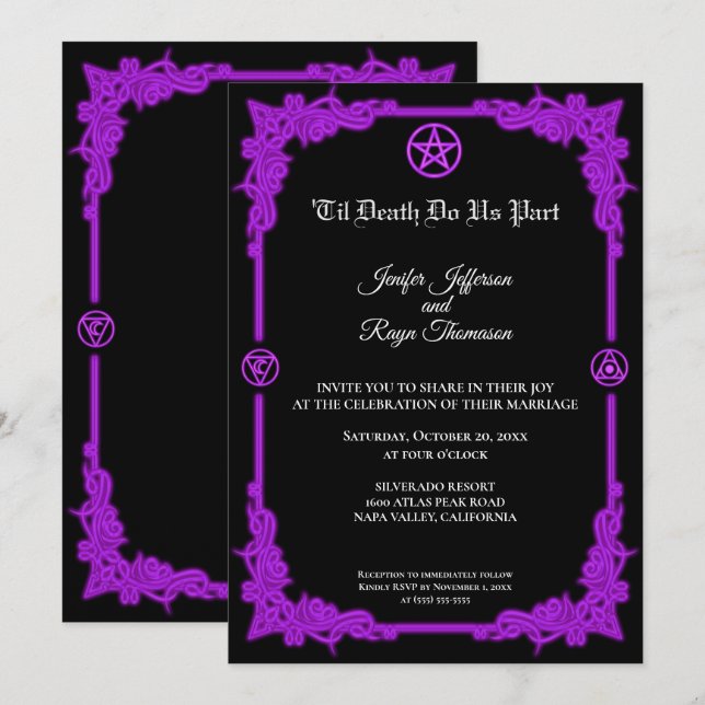 Convite de casamento gótico com brilho roxo bruxo (Frente/Verso)