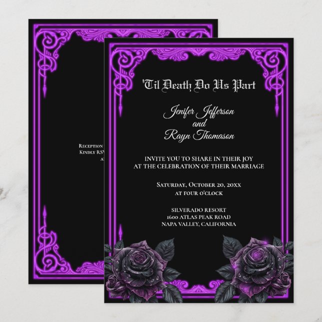 Convite de casamento gótico com brilho roxo bruxo (Frente/Verso)