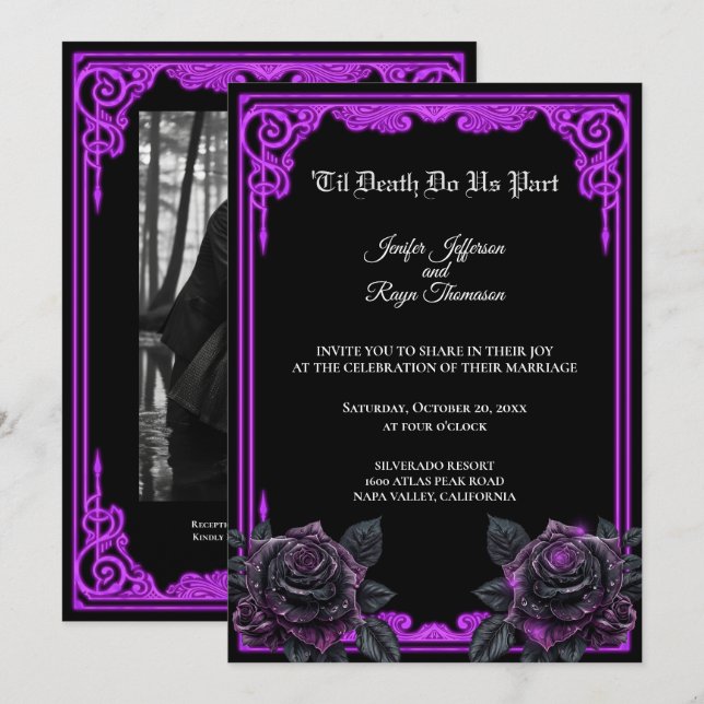 Convite de casamento gótico com brilho roxo mágico (Frente/Verso)