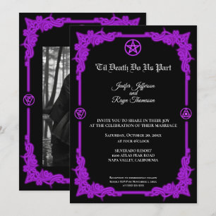 Convite de casamento gótico com brilho roxo mágico