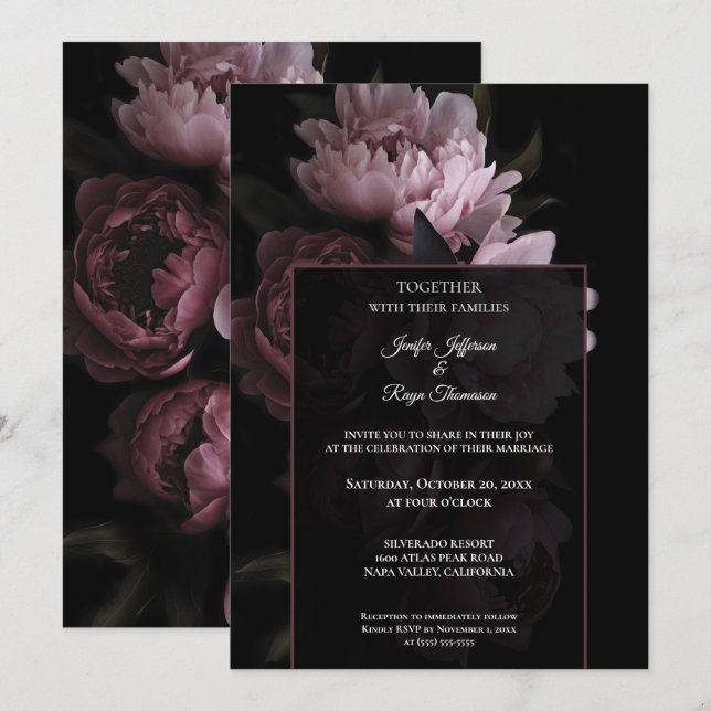 Convite de casamento gótico com flores escuras e s (Frente/Verso)