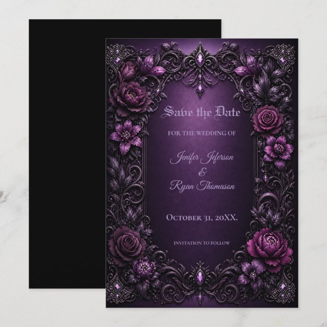Convite de casamento gótico com flores roxas para  (Frente/Verso)