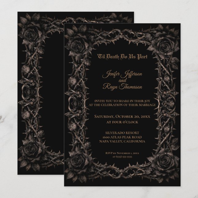 Convite de casamento gótico com rosas escuras (Frente/Verso)