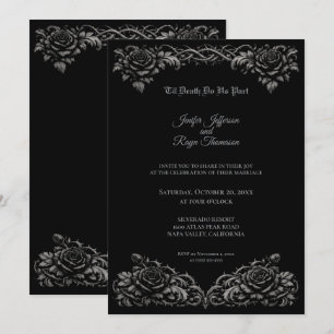 Convite de casamento gótico com rosas pretas e bra