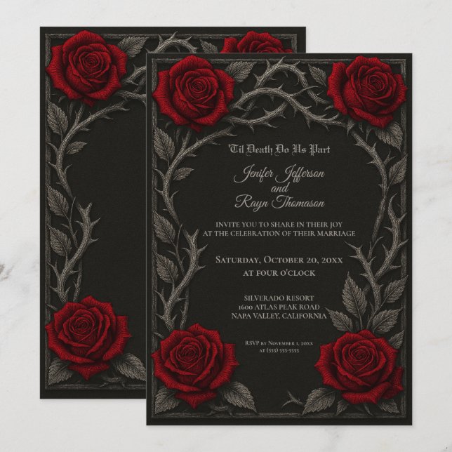 Convite de casamento gótico com rosas vermelhas es (Frente/Verso)