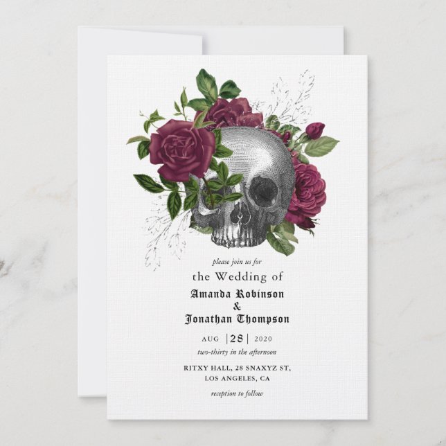 Convite de Casamento Gótico Crânio Floral Capricho (Frente)