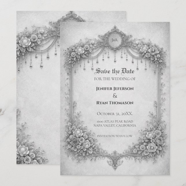 convite de casamento gótico de marfim para salvar  (Frente/Verso)