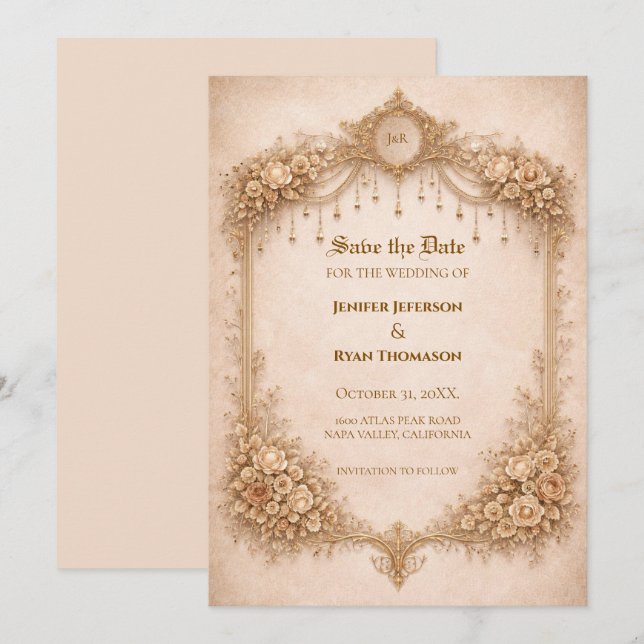 convite de casamento gótico de marfim para salvar  (Frente/Verso)