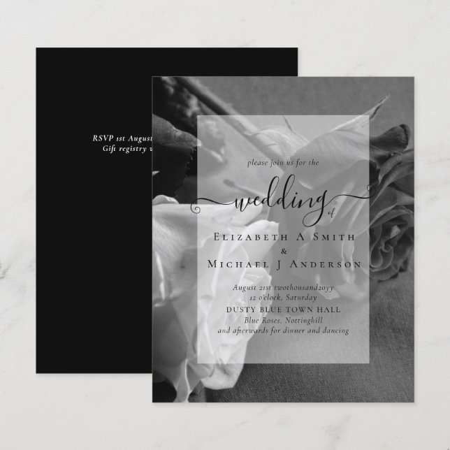 Convite de casamento Gótico de rosas brancas e pre (Frente/Verso)