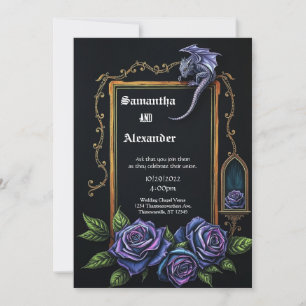 Convite de Casamento Gótico Dragão Roxo e Rosas