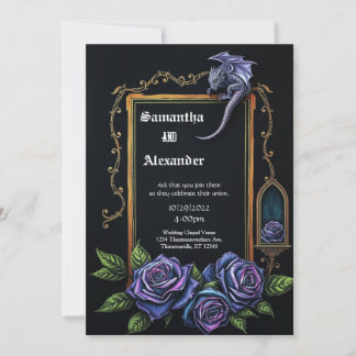 Convite de Casamento Gótico Dragão Roxo e Rosas