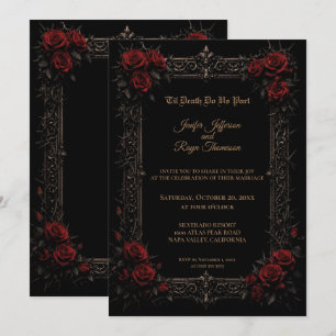 Convite de casamento gótico elegante com rosas ver
