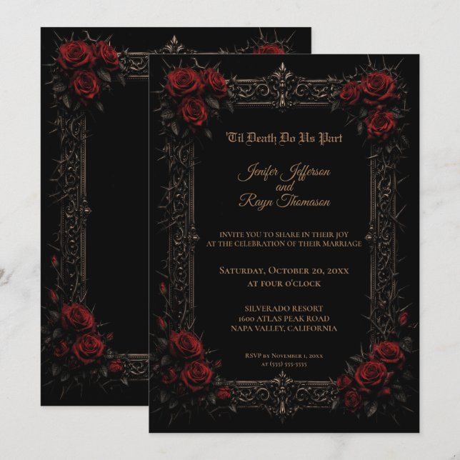 Convite de casamento gótico elegante com rosas ver (Frente/Verso)
