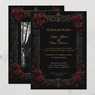 Convite de casamento gótico elegante com rosas ver