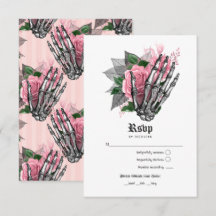 Convite de casamento gótico esqueleto floral rosa